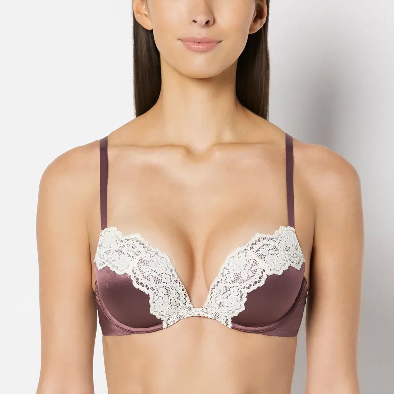 Push Up Plunge Bra with Timeless Lace Trim in Plum Wine made by La SENZA