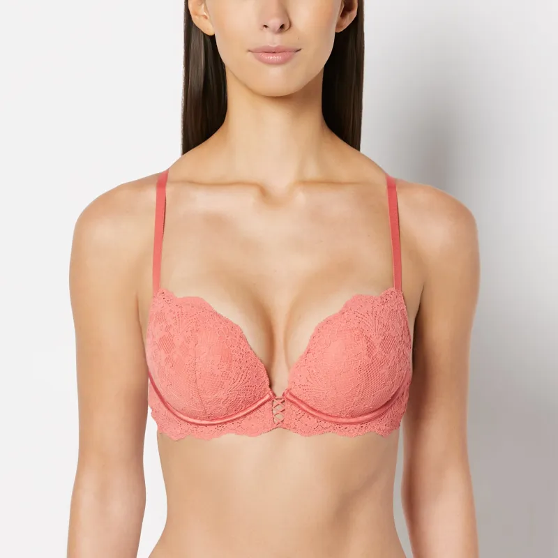 Push Up Plunge Bra with Timeless Lace Up Detail in Faded Rose made by La SENZA