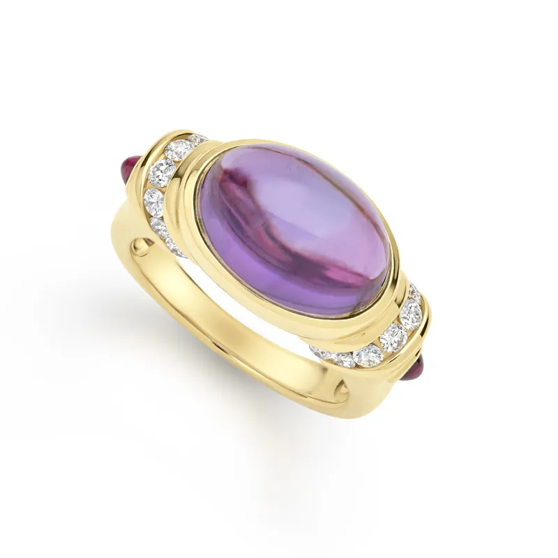 Caviar Gold 18K Gold Amethyst Cabochon & Sapphire Diamond Oval Ring sold by LAGOS