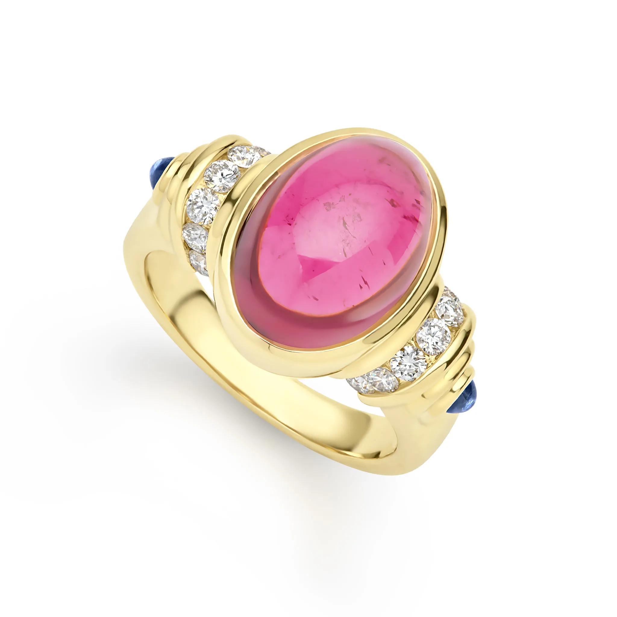 Caviar Gold 18K Gold Oval Rubellite Cabochon & Sapphire Diamond Ring sold by LAGOS