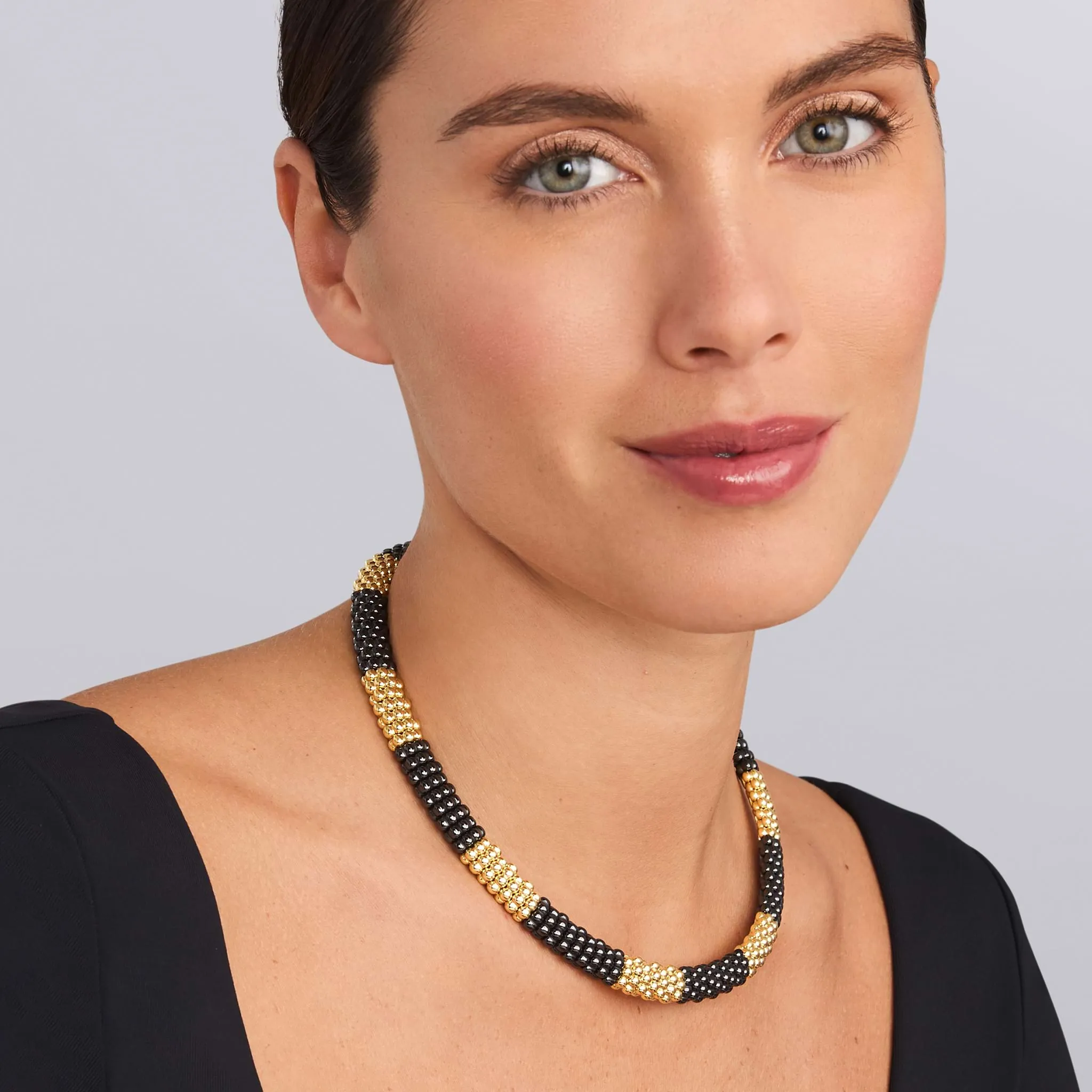 Black Caviar 18K Gold Large Station Ceramic Beaded Necklace | 9mm sold by LAGOS product image thumbnail 2