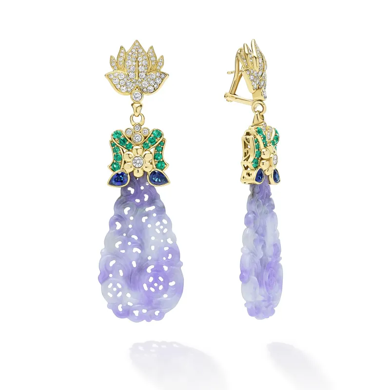 18K Gold Lavender Jade Carved Diamond Earrings sold by LAGOS