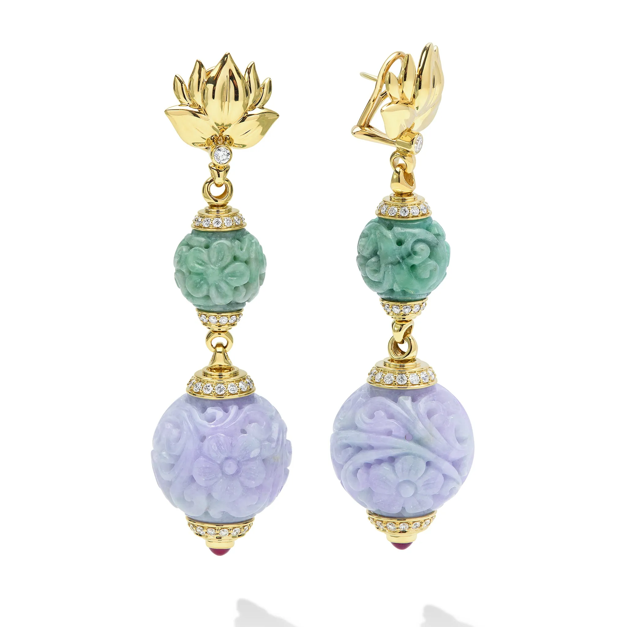 SML 18K Gold Jade and Lavender Carved Ball Diamond Drop Earrings sold by LAGOS