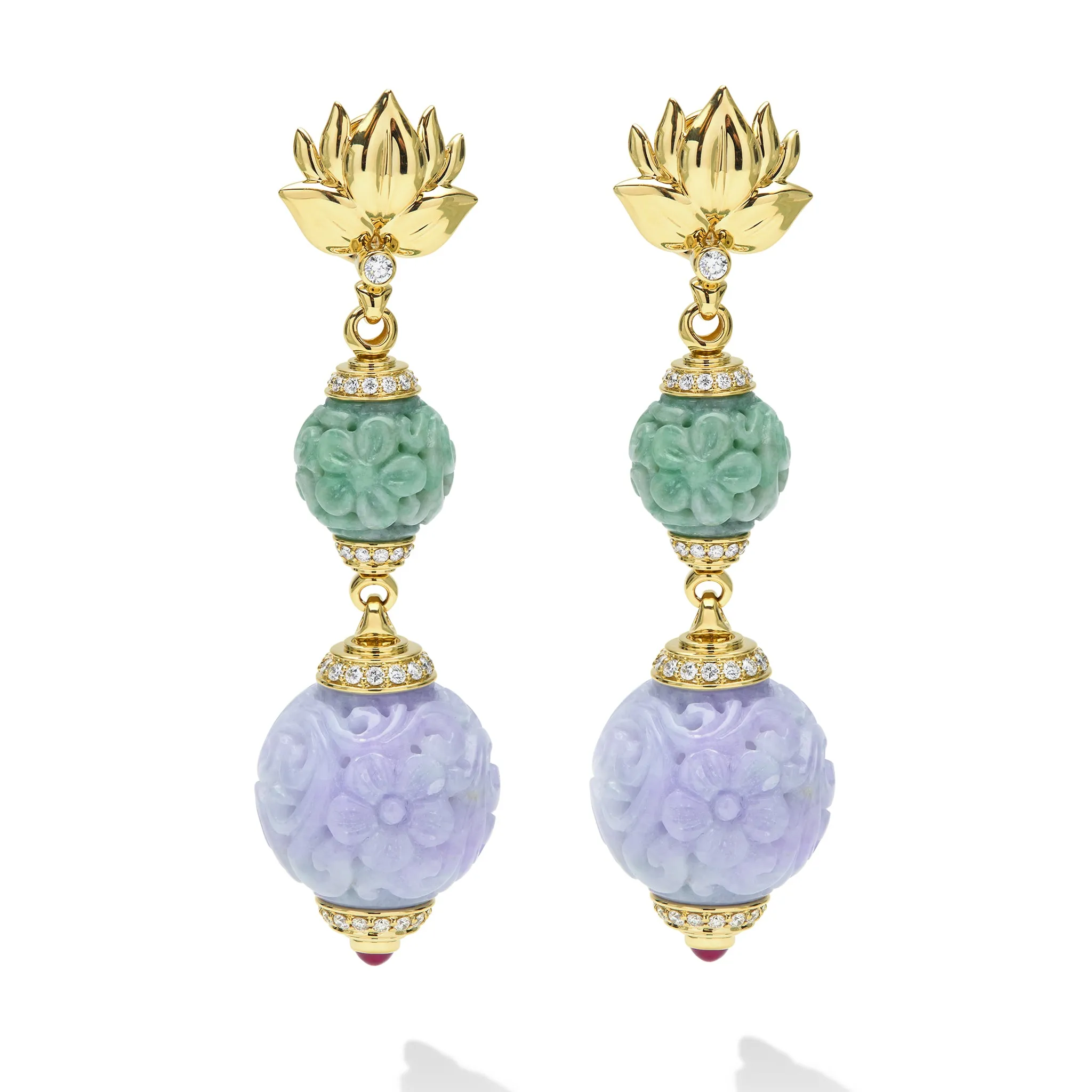 SML 18K Gold Jade and Lavender Carved Ball Diamond Drop Earrings sold by LAGOS product image thumbnail 2