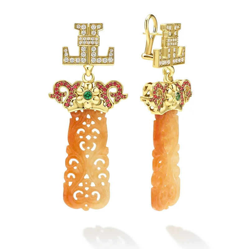 SML 18K Gold Ruby, Jade, and Emerald Panel Diamond Drop Earrings sold by LAGOS