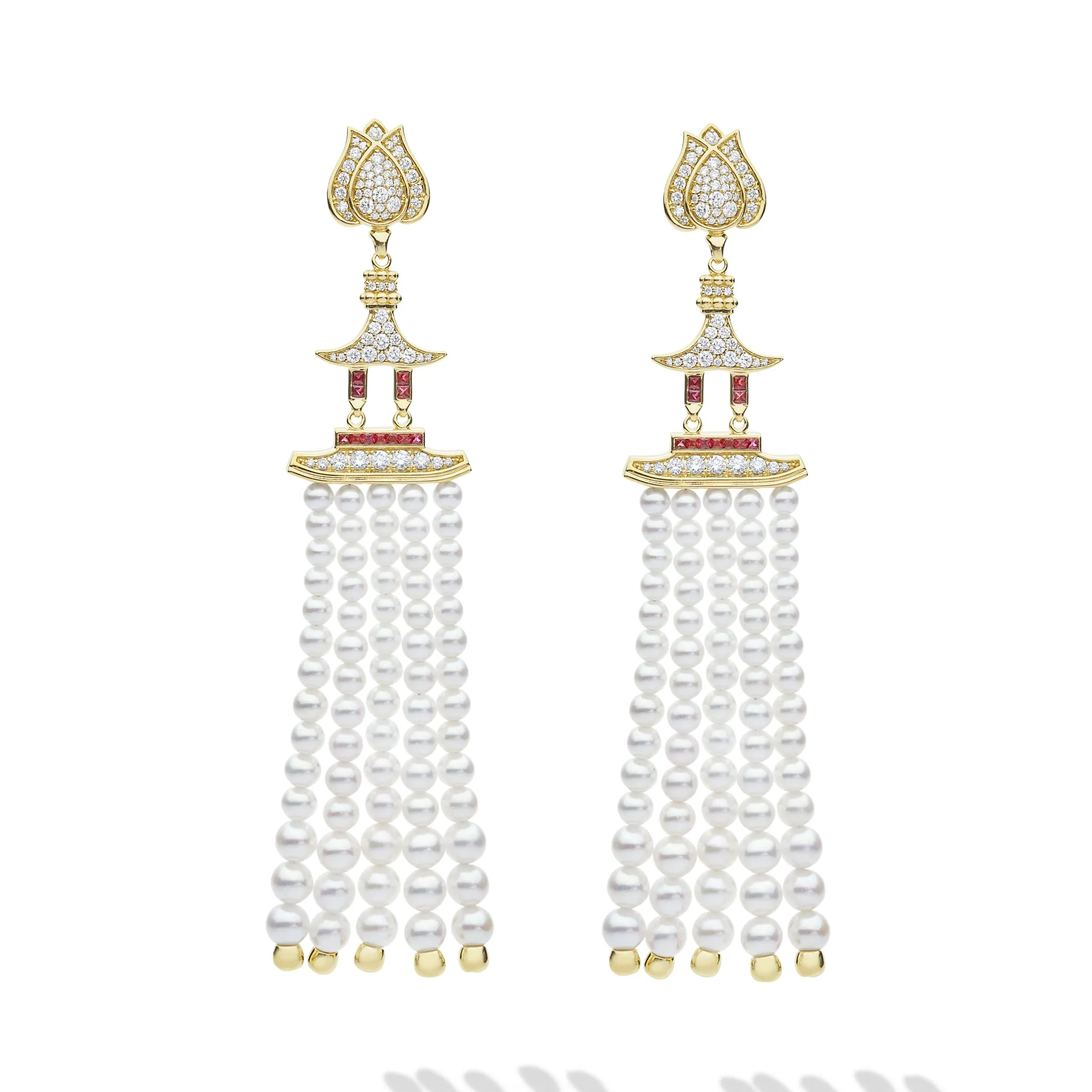 SML 18K Gold Ruby Pagoda with Pearl Tassel Diamond Earrings sold by LAGOS product image thumbnail 2