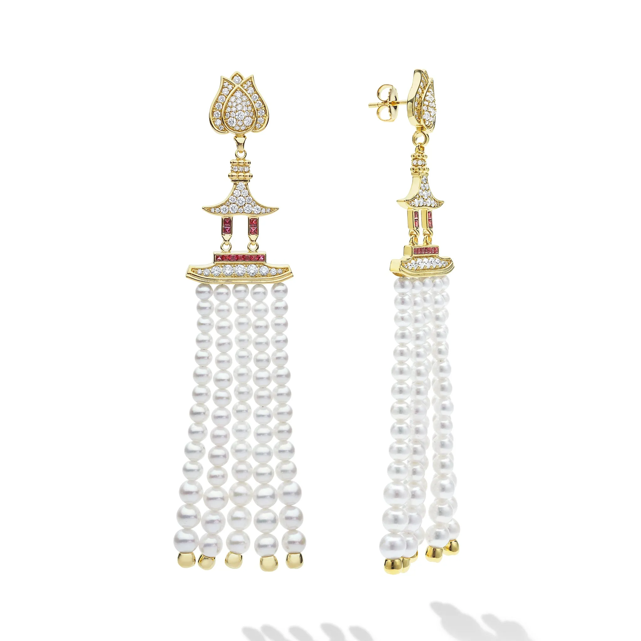 SML 18K Gold Ruby Pagoda with Pearl Tassel Diamond Earrings sold by LAGOS