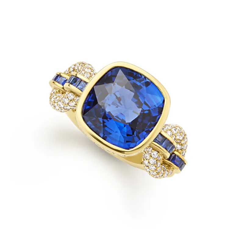 SML 18K Gold Blue Sapphire and Diamond Link Ring sold by LAGOS