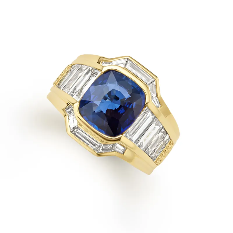SML 18K Gold Trapezoid Blue Sapphire Diamond Ring sold by LAGOS