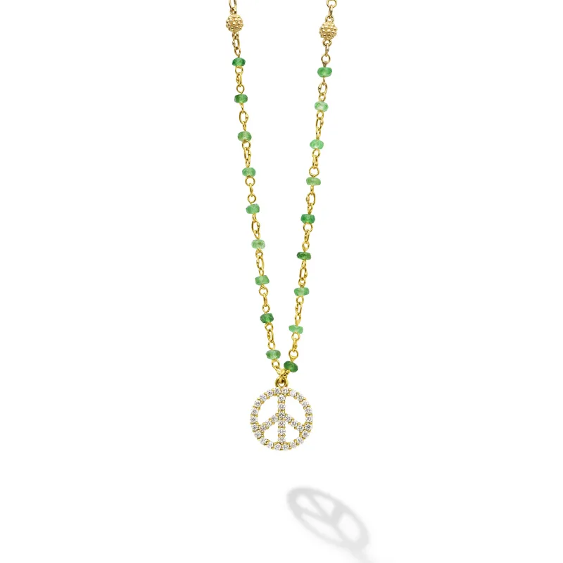 Caviar Gold 18K Gold Emerald and Diamond Peace Sign Pendant Necklace sold by LAGOS