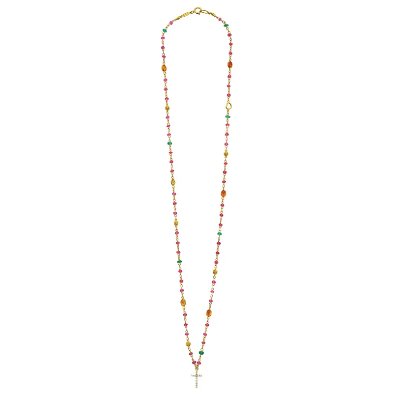 Caviar Gold 18K Gold Ruby, Emerald, and Orange Sapphire Diamond Cross Pendant Necklace sold by LAGOS