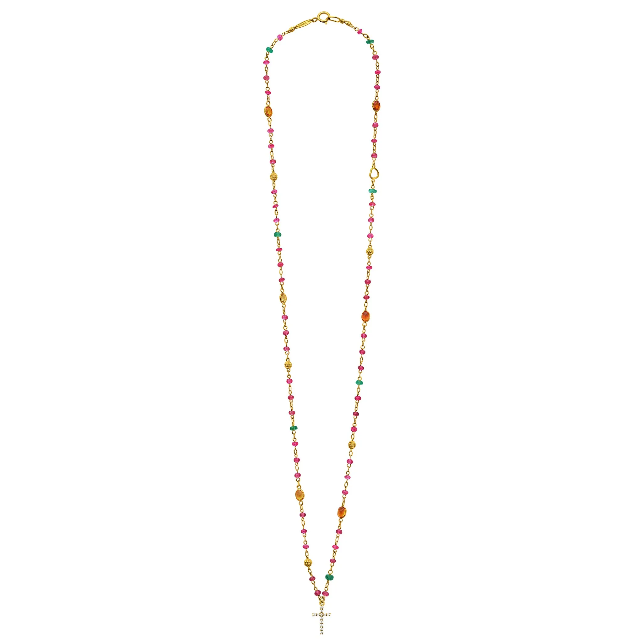 Caviar Gold 18K Gold Ruby, Emerald, and Orange Sapphire Diamond Cross Pendant Necklace sold by LAGOS