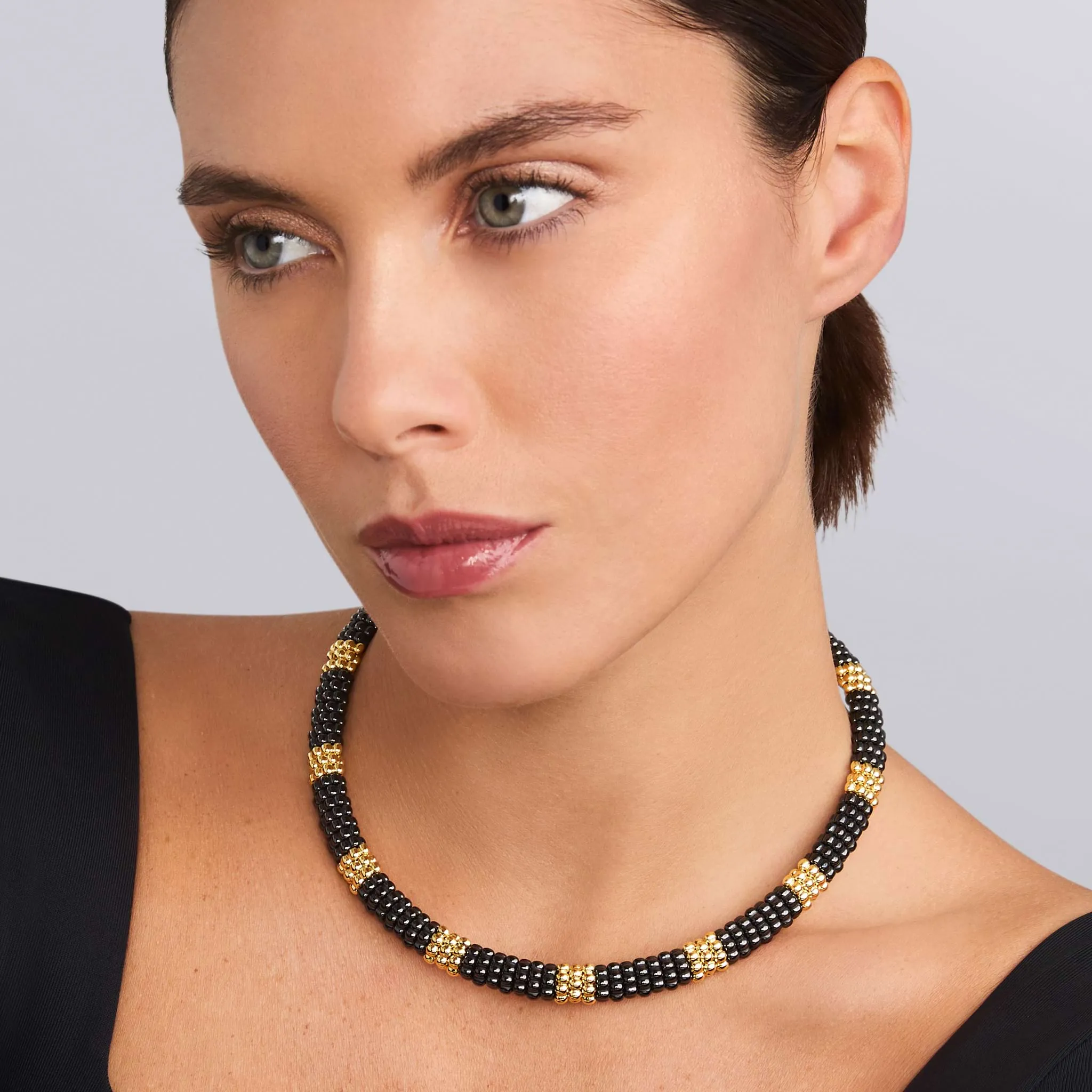 Black Caviar 18K Gold Small Station Ceramic Beaded Necklace | 9mm sold by LAGOS product image thumbnail 2