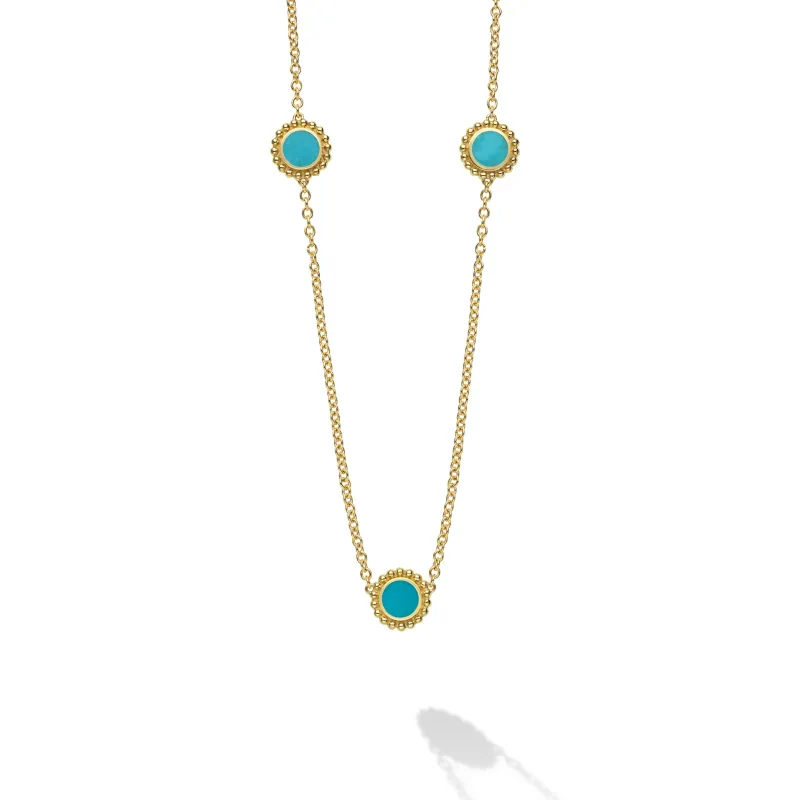 Covet 18K gold 3-station turquoise necklace sold by LAGOS