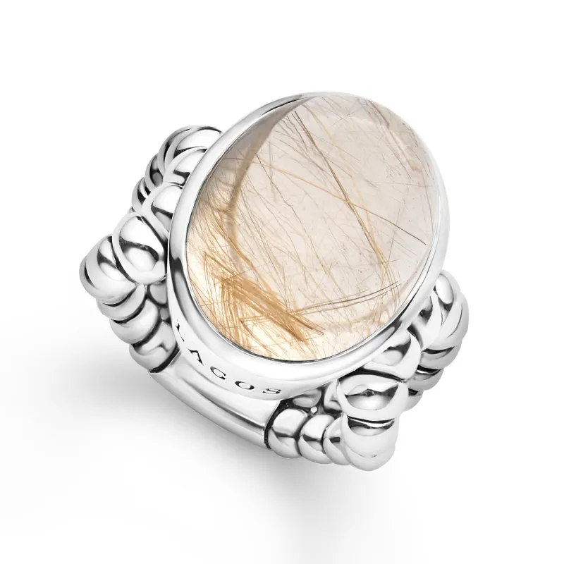 Caviar Color Sterling silver Oval Rutilated Quartz Ring made by LAGOS