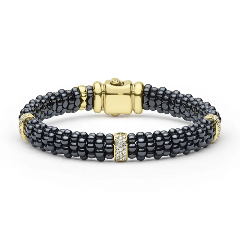 Black Caviar 18K Gold & Black Ceramic Caviar Three-Station Diamond Bracelet sold by LAGOS