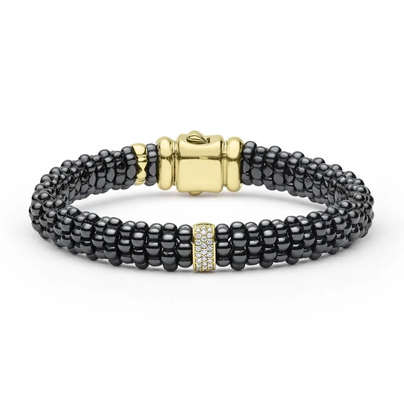 Black Caviar 18K Gold & Black Ceramic Caviar Diamond Station Bracelet sold by LAGOS
