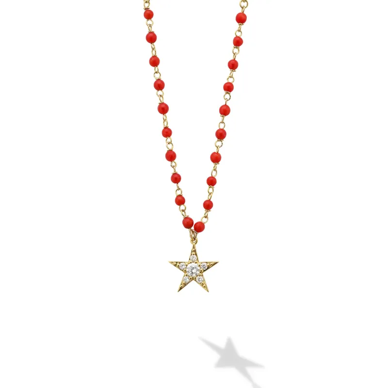 Caviar Gold 18K Gold Coral Beaded Diamond Star Pendant Necklace sold by LAGOS