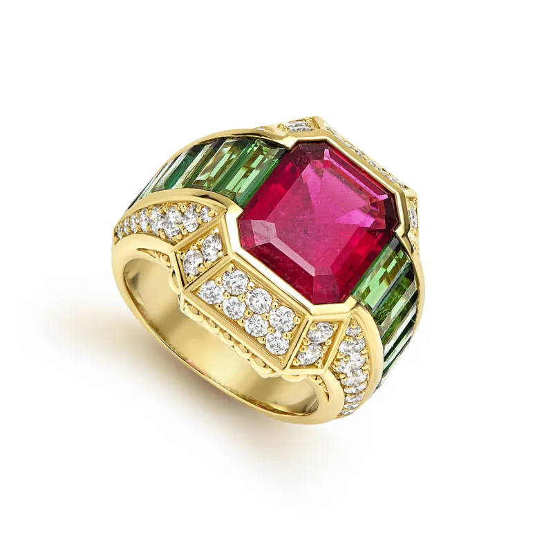 SML 18K Gold Vendôme Rubellite & Green Tourmaline Diamond Ring sold by LAGOS