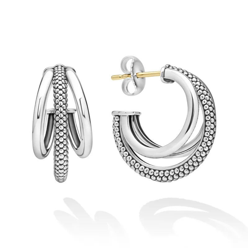 Signature Caviar Sterling Silver Three Hoop Huggie Earrings sold by LAGOS