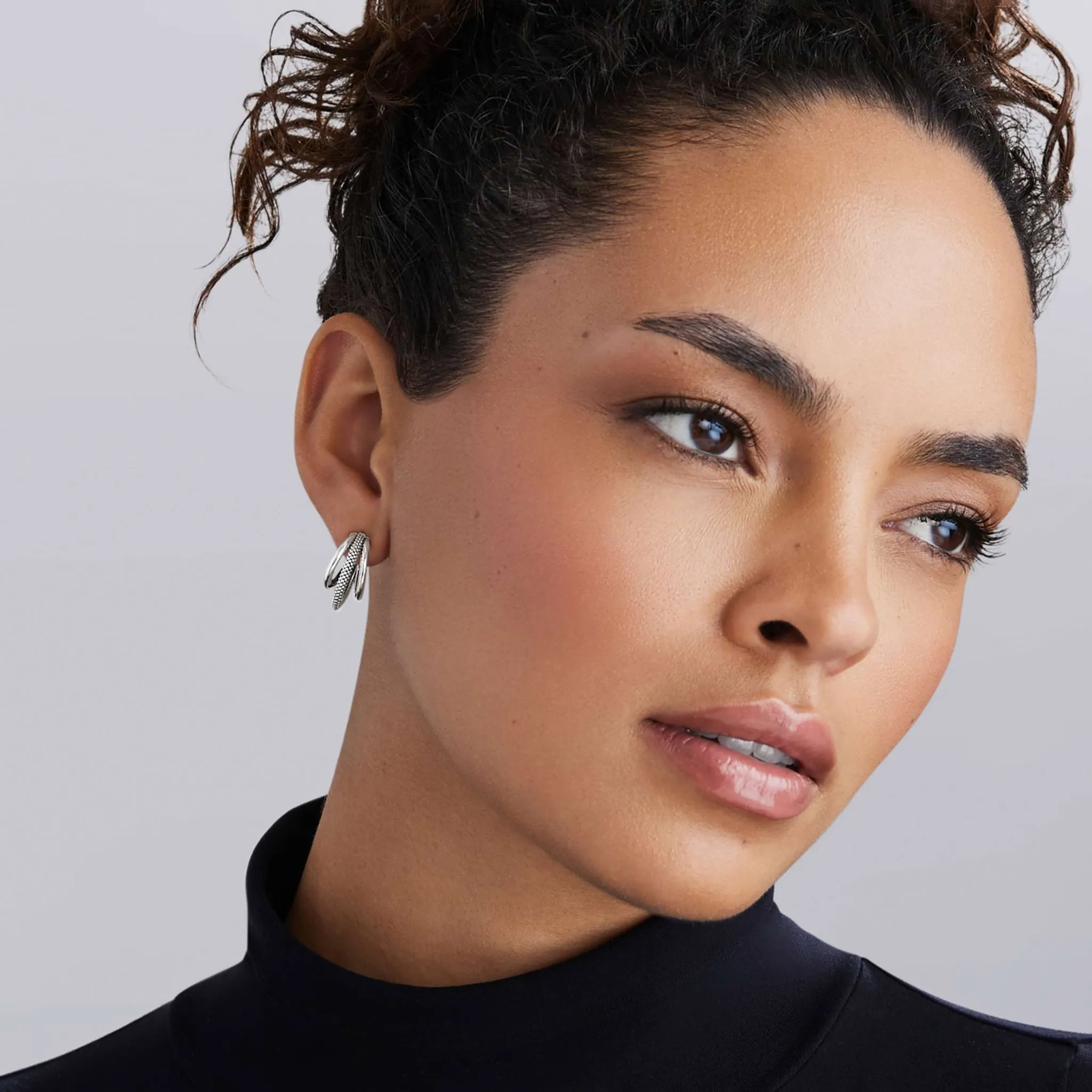 Signature Caviar Sterling Silver Three Hoop Huggie Earrings sold by LAGOS product image thumbnail 2