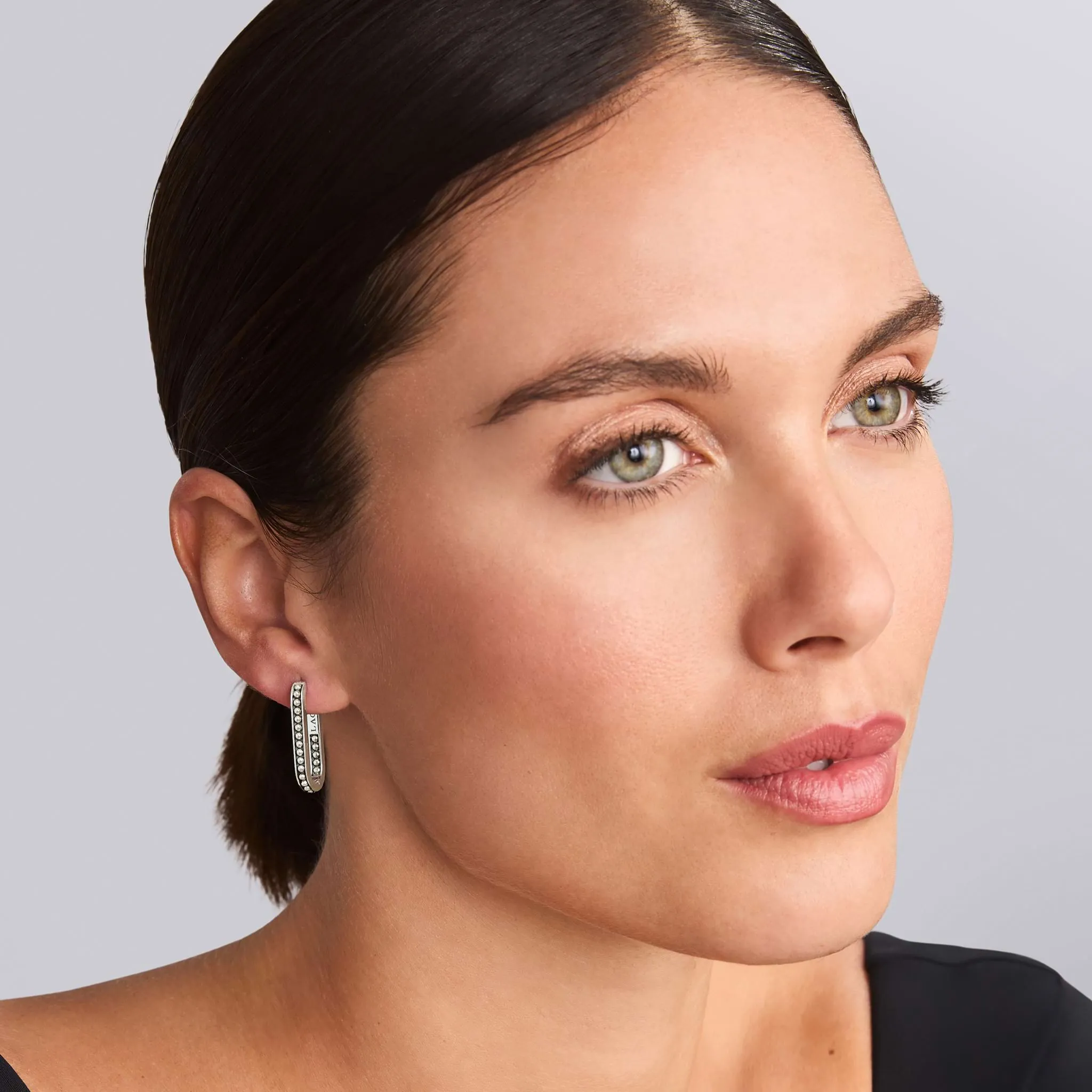 Signature Caviar Sterling Silver Beaded Linear Hoop Earrings sold by LAGOS product image thumbnail 2