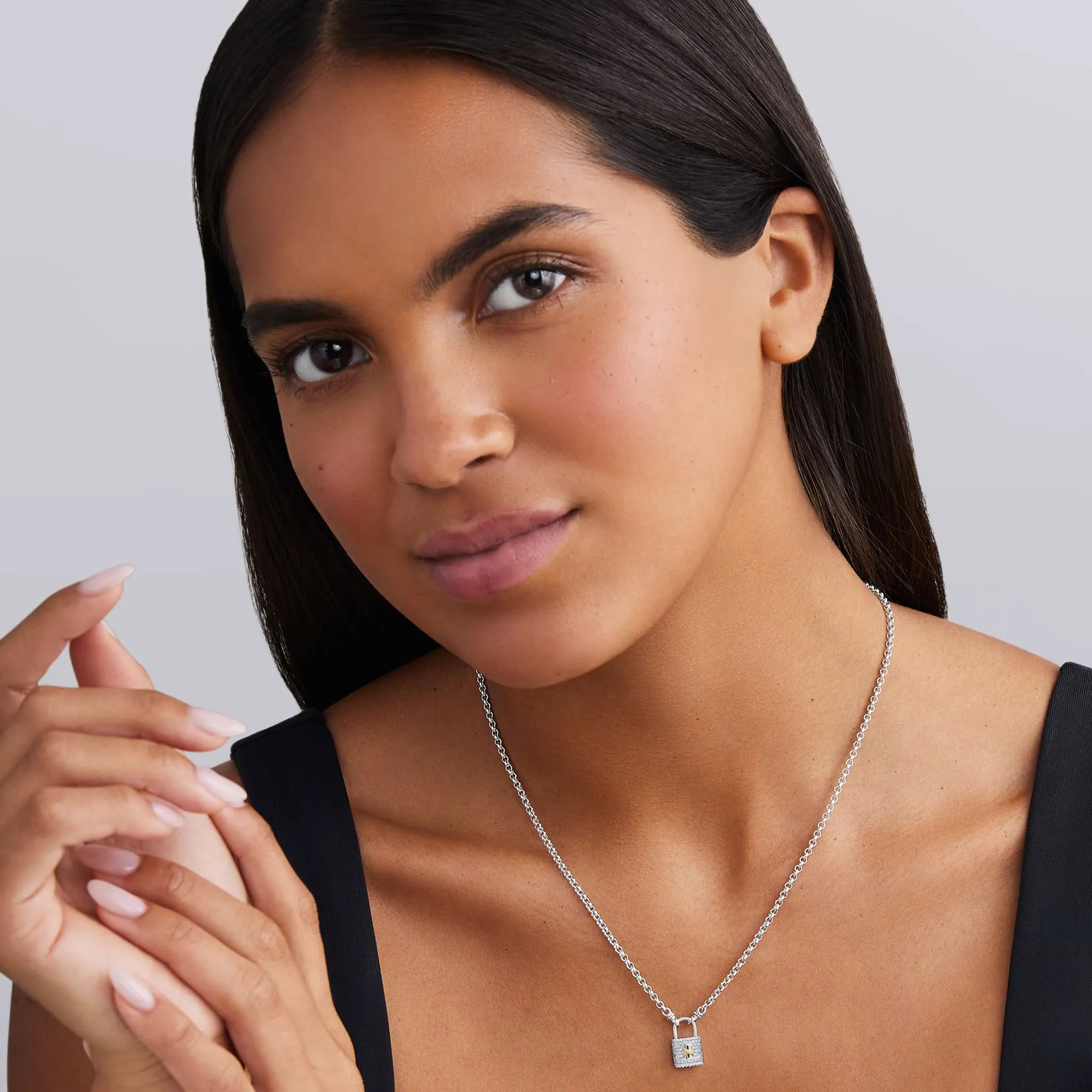 Signature Caviar Two-Tone Lock Diamond Pendant Necklace sold by LAGOS product image thumbnail 2