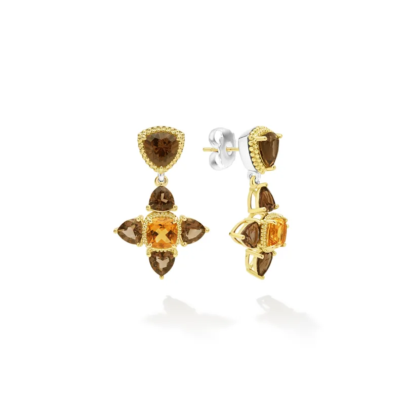 Studio Two-Tone Smoky Quartz and Citrine Floral Drop Earrings sold by LAGOS
