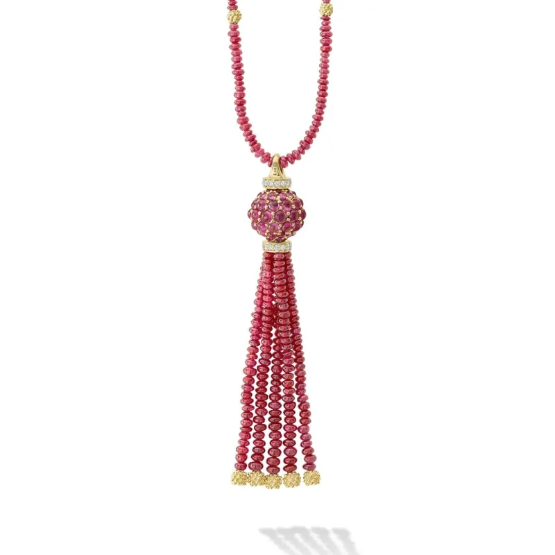 Caviar Gold Ruby and Diamond Tassel Pendant Necklace sold by LAGOS