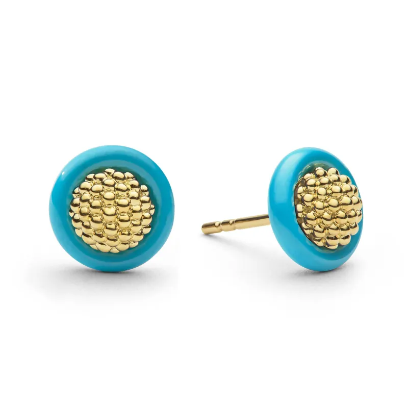 Meridian 18K Gold Caviar and Blue Ceramic Stud Earrings sold by LAGOS