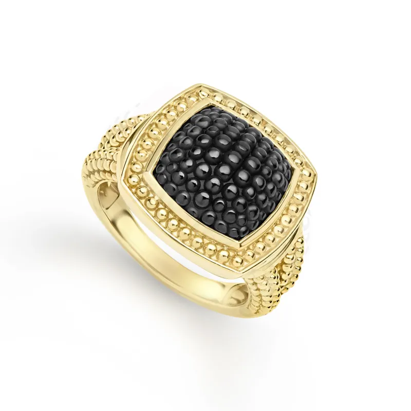 Studio 18K Gold Black Ceramic Cushion Statement Ring sold by LAGOS
