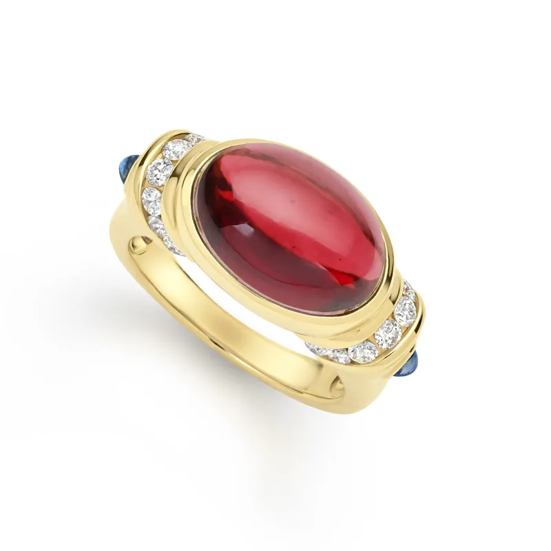 18K Caviar Gold Garnet Diamond and Sapphire Ring sold by LAGOS