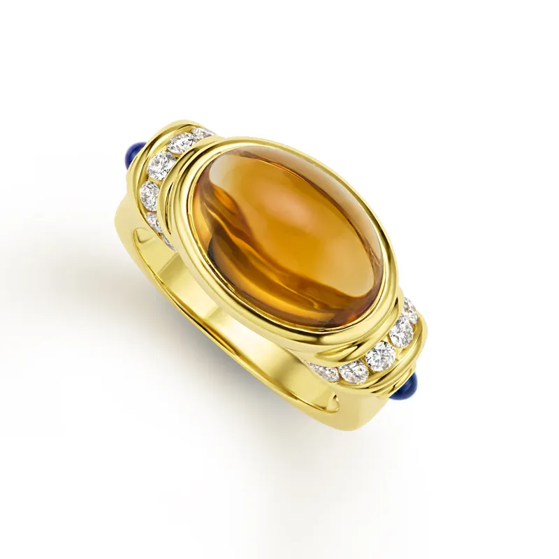 18K Caviar Gold Citrine Diamond and Sapphire Ring sold by LAGOS