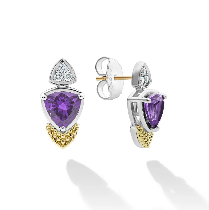 Caviar Color 18K Gold Diamond and Amethyst Trillion Drop Earrings sold by LAGOS