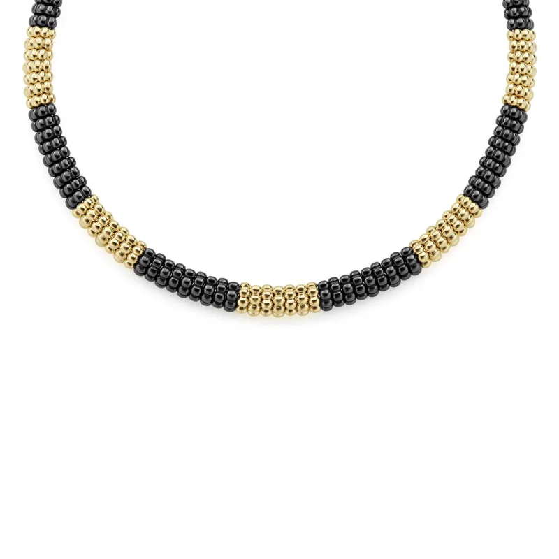 Black Caviar 18K Gold Large Station Ceramic Beaded Necklace | 9mm (studio) sold by LAGOS