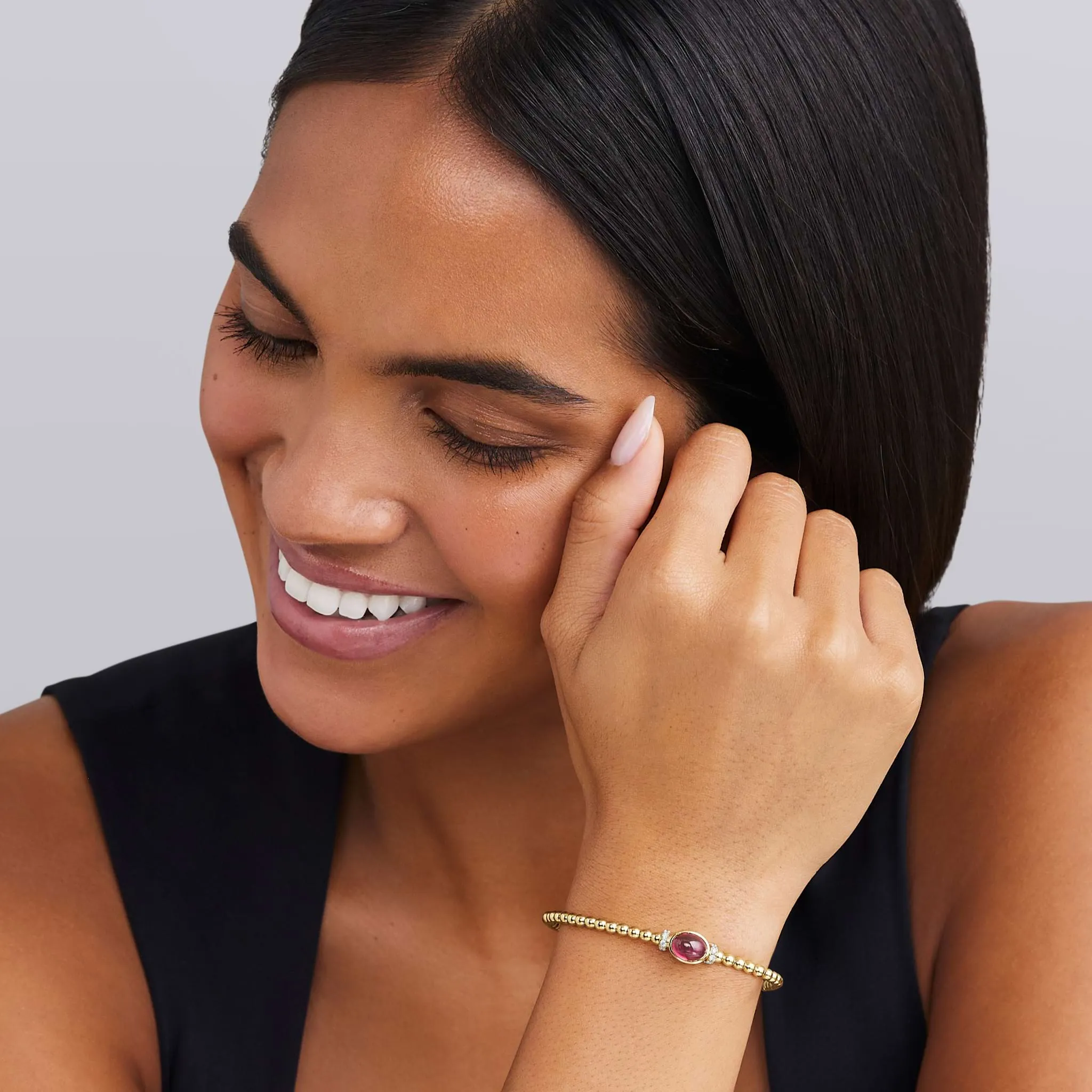 Caviar Gold 18K Gold and Rhodolite Garnet Caviar Beaded Diamond Cuff Bracelet sold by LAGOS product image thumbnail 2