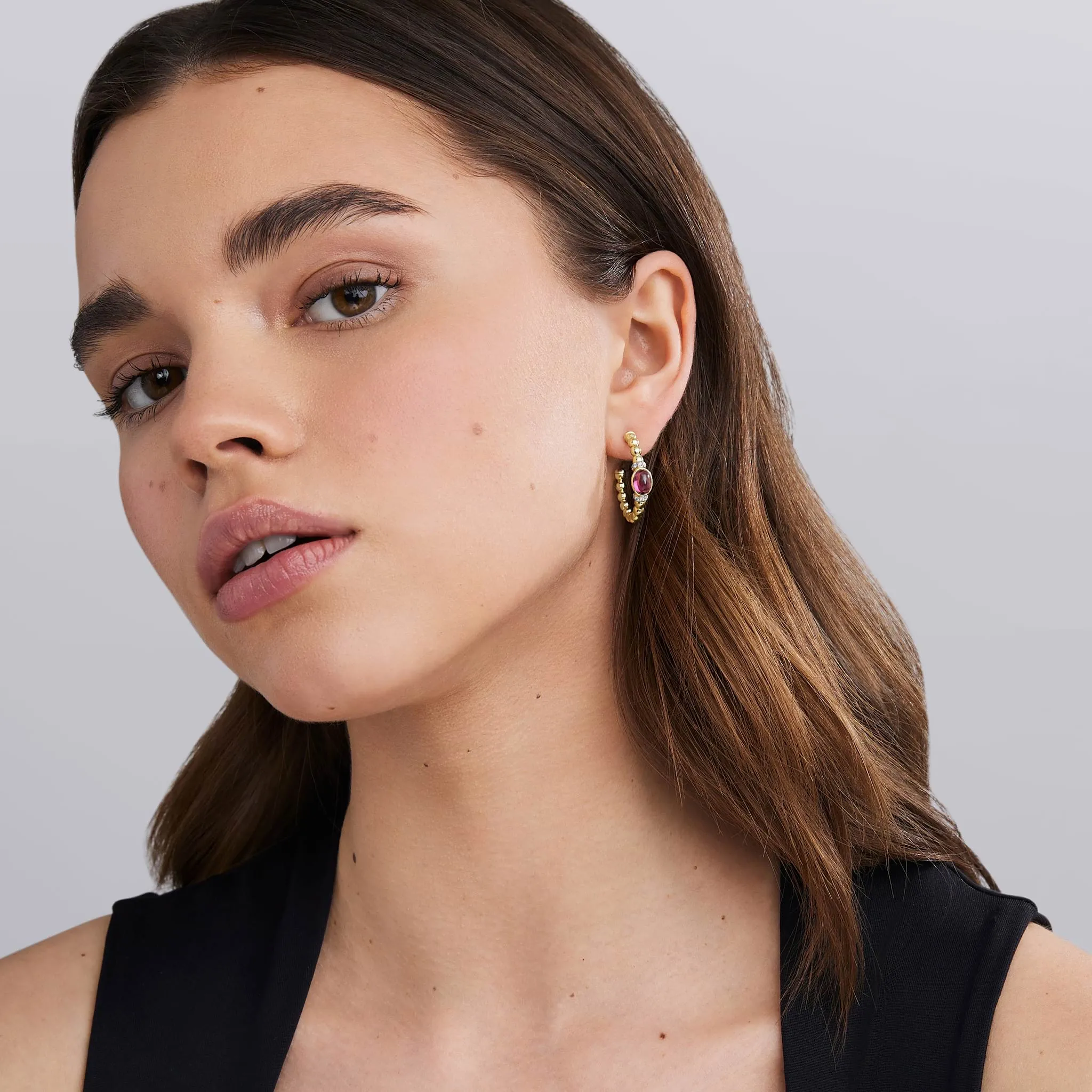 Caviar Gold 18K Gold and Rhodolite Garnet Caviar Beaded Diamond Hoop Earrings sold by LAGOS product image thumbnail 2