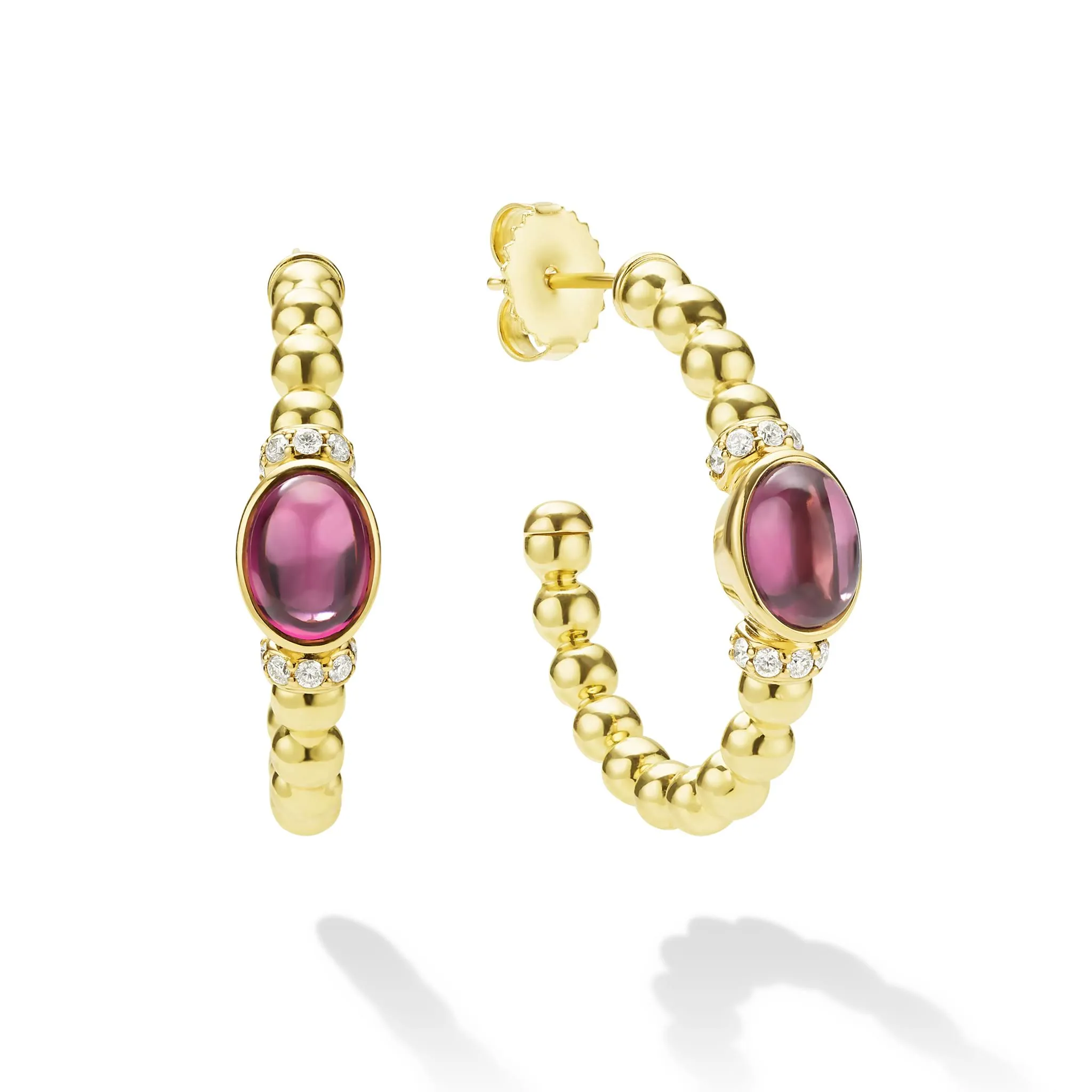Caviar Gold 18K Gold and Rhodolite Garnet Caviar Beaded Diamond Hoop Earrings sold by LAGOS product image thumbnail 3