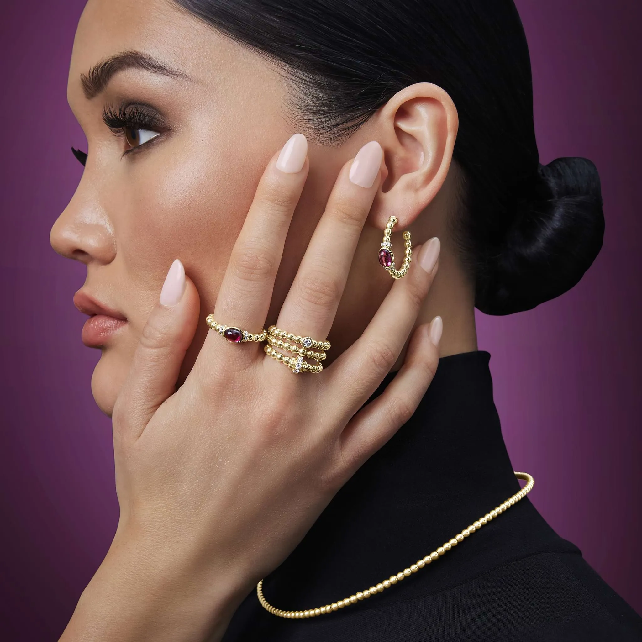 Caviar Gold 18K Gold and Rhodolite Garnet Caviar Beaded Diamond Hoop Earrings sold by LAGOS product image thumbnail 5
