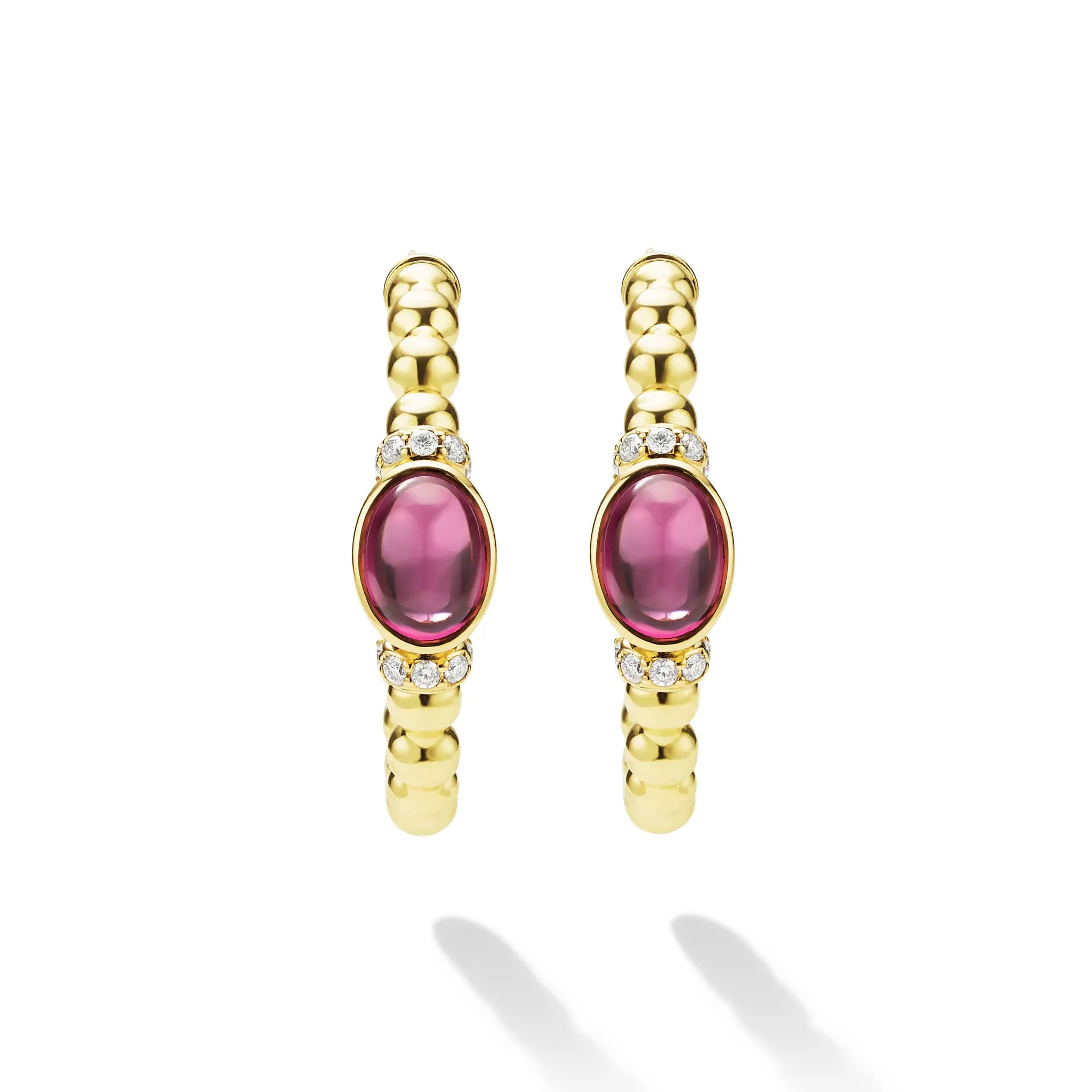 Caviar Gold 18K Gold and Rhodolite Garnet Caviar Beaded Diamond Hoop Earrings sold by LAGOS product image thumbnail 4