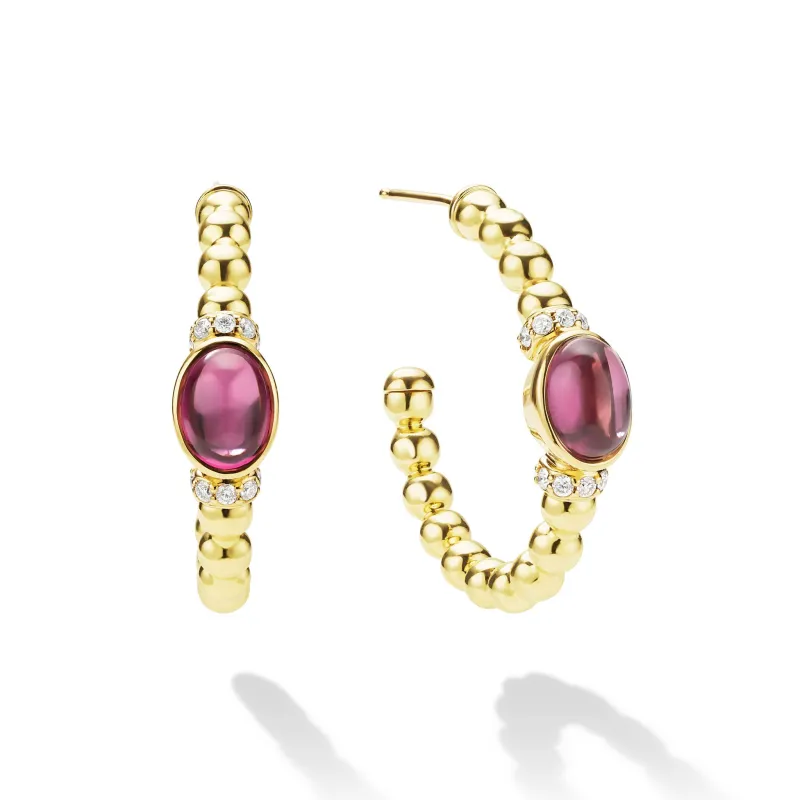 Caviar Gold 18K Gold and Rhodolite Garnet Caviar Beaded Diamond Hoop Earrings sold by LAGOS