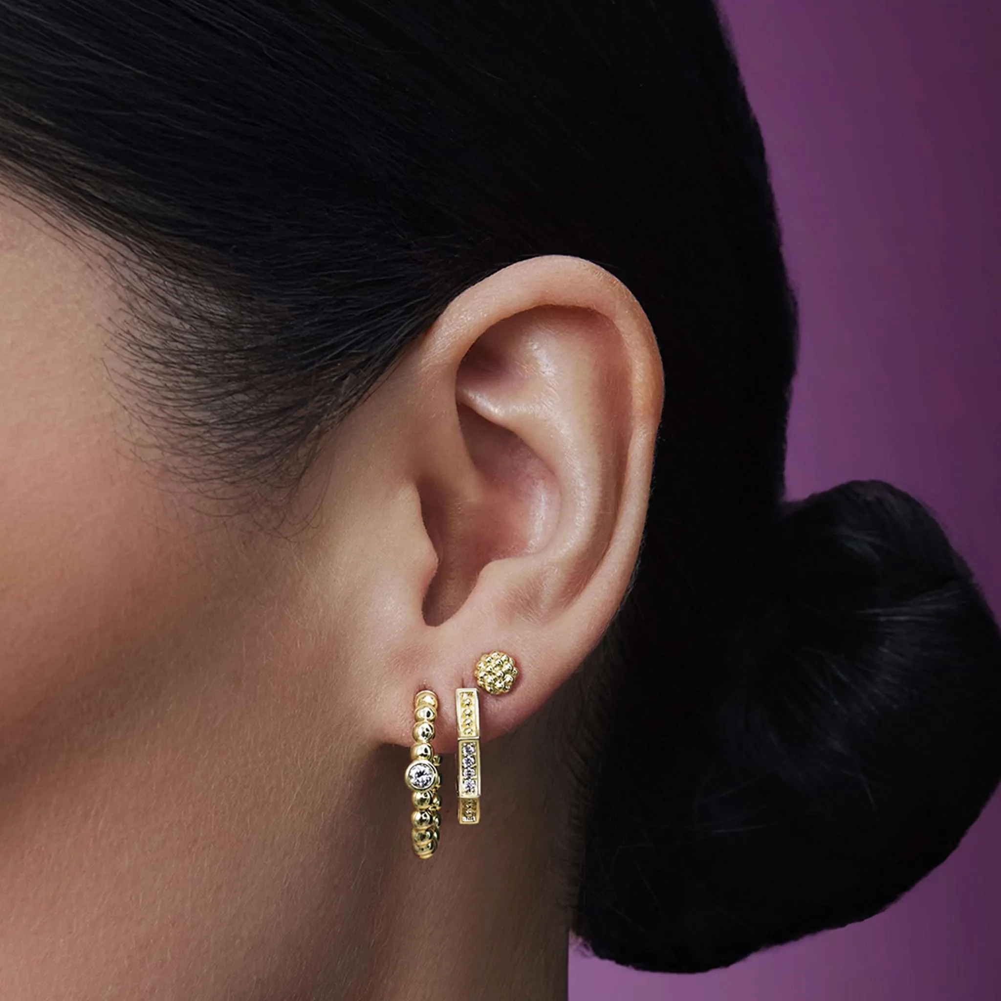 Caviar Gold 18K Gold Caviar Beaded Diamond Hoop Earrings sold by LAGOS product image thumbnail 5