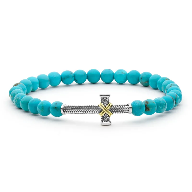Anthem Two-Tone Caviar Cross Turquoise Stretch Bracelet sold by LAGOS