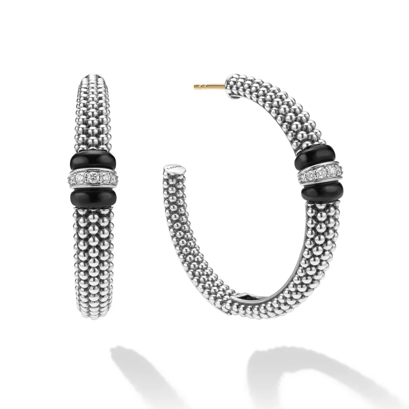 Black Caviar Large Black Ceramic Caviar Diamond Hoop Earrings sold by LAGOS