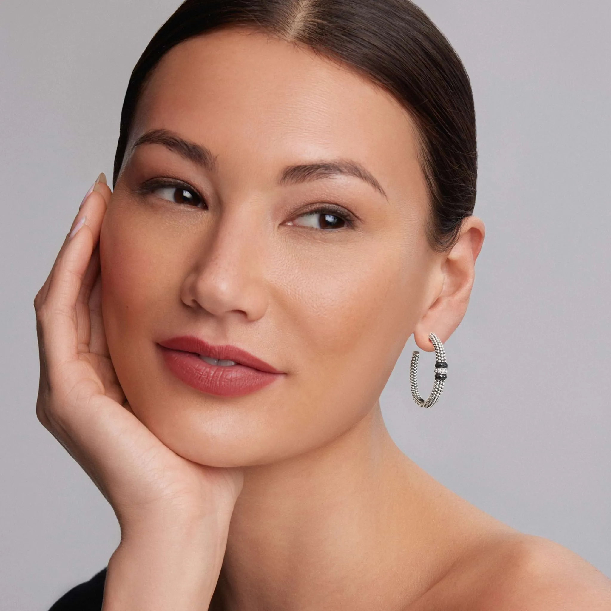 Black Caviar Large Black Ceramic Caviar Diamond Hoop Earrings sold by LAGOS product image thumbnail 2