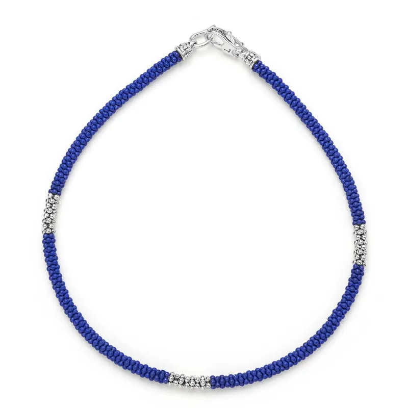 Blue Caviar Three Silver Station Matte Blue Ceramic Bracelet | 3mm sold by LAGOS