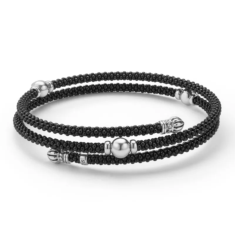 Black Caviar Black Ceramic Beaded Silver Station Double Wrap Bracelet sold by LAGOS