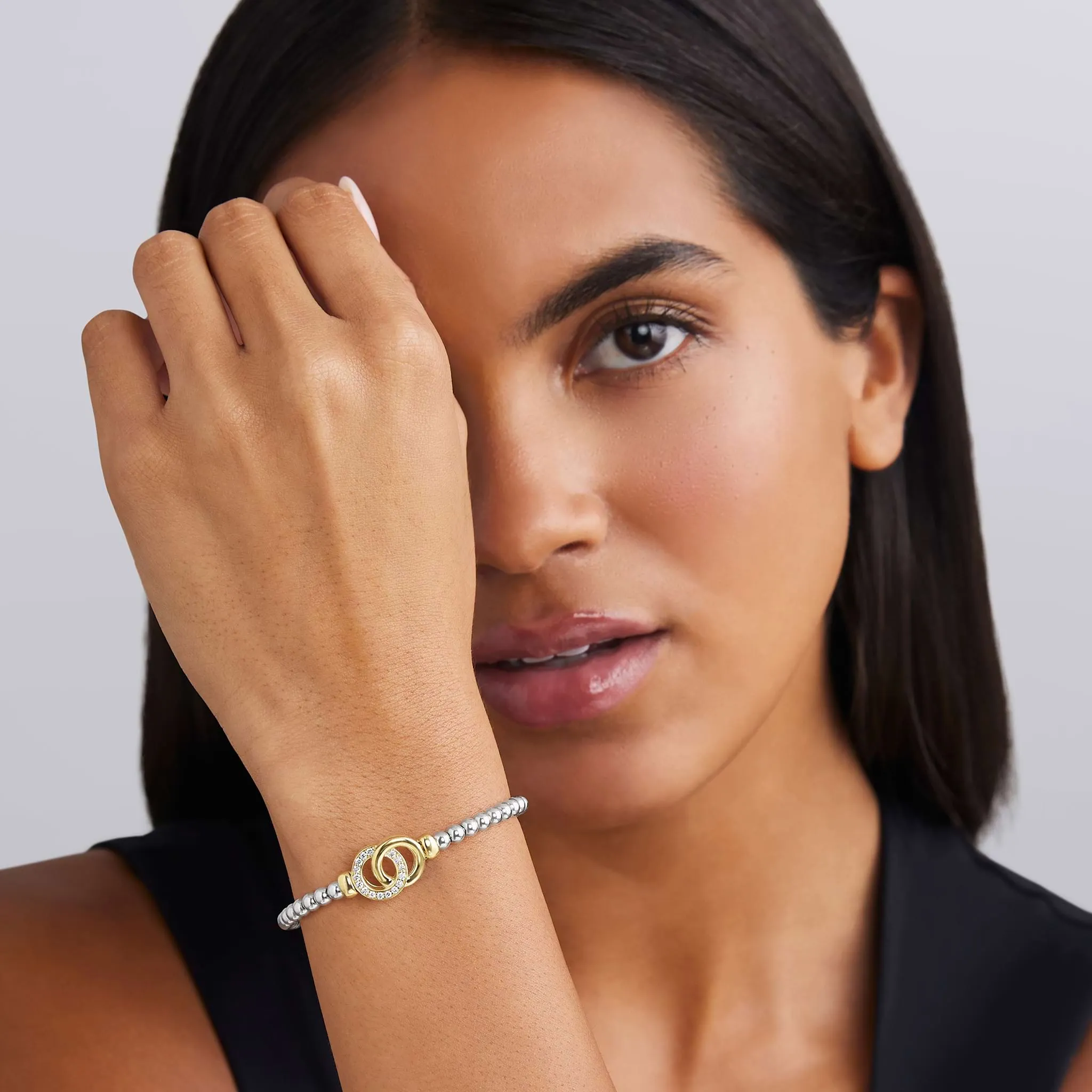 Signature Caviar Two-Tone Interlocking Diamond Stretch Bracelet sold by LAGOS product image thumbnail 2