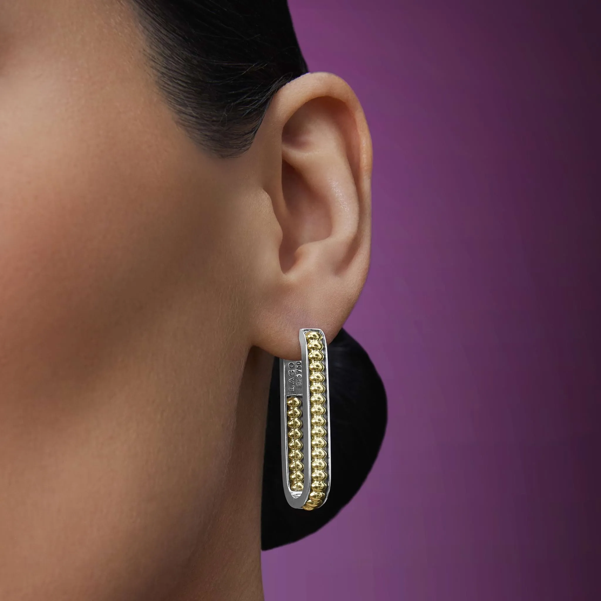Signature Caviar Large Two-Tone Linear Hoop Earrings sold by LAGOS product image thumbnail 5