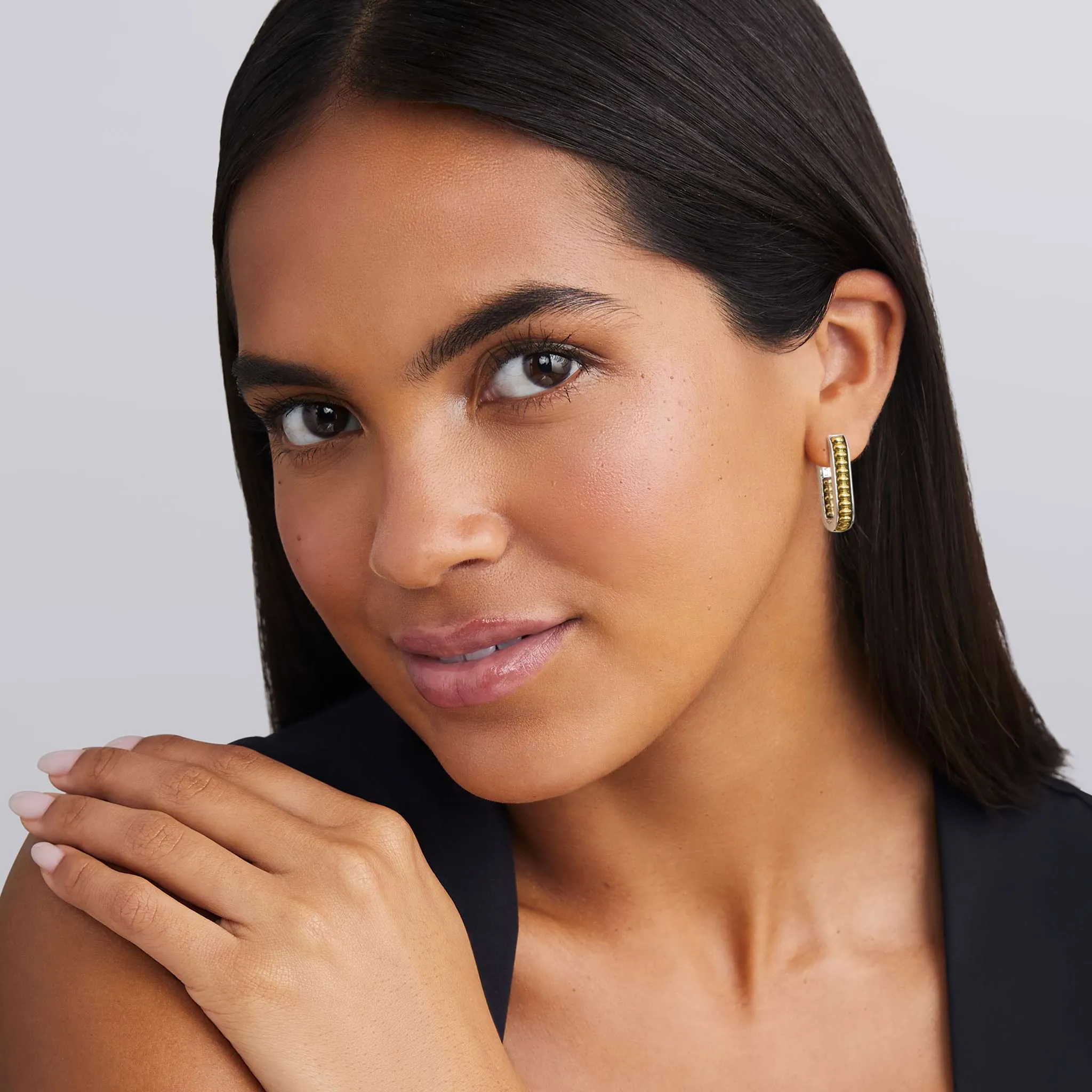 Signature Caviar Two-Tone Linear Hoop Earrings sold by LAGOS product image thumbnail 2